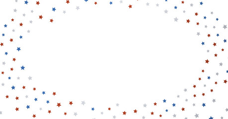 White banner with colorful stars.