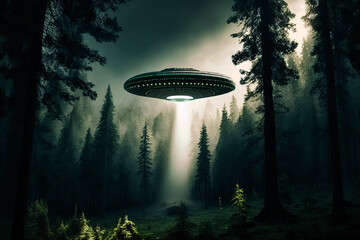 Wall Mural - unidentified flying object UFO hovering above forest	
