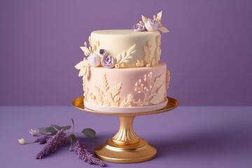 Wedding two-tiered purple cake on a gold stand decorated with flowers on a purple background. 3d. Generative AI