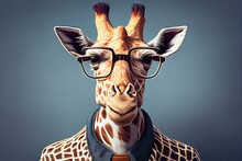 Hipster Giraffe Wearing Clothes And Glasses. Generative AI.