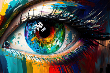 Conceptual abstract picture of the eye. Oil painting in colorful colors. Conceptual abstract closeup of an oil painting - Generative AI