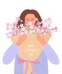 Wall Mural - Girl with bouquet. Happy Women's Day greeting illustranion.