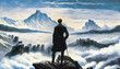 An elegant man facing mountain peaks over a sea of clouds, in the style of Caspar David Friedrich - generative ai