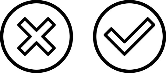 Poster - Yes and No or Right and Wrong or Approved and Declined Icons with Check Mark and X Signs in Black Line Circles. Vector Image.