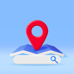 Poster - 3D Location Folded Paper Map with Magnifying Glass Isolated. Blue GPS Map and Search Loupe Icon. GPS and Navigation Symbol. Element for Map, Social Media, Mobile Apps. Realistic Vector Illustration