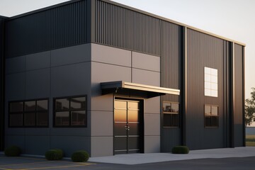 exterior of a modern warehouse with a small office unit generative ai
