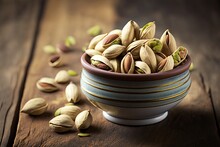 Pistachio In Shell Nuts In Bowl On Wooden Table Background Generative Ai