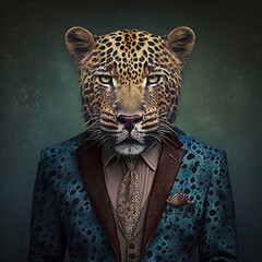 portrait of a leopard abstract suit outfit, generative ai