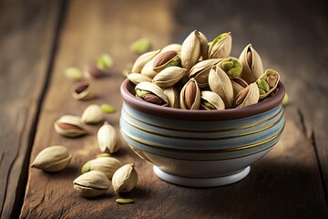 pistachio in shell nuts in bowl on wooden table background generative ai