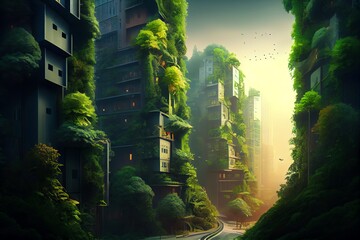 Sticker - Splendid environmental awareness city with vertical forest concept of metropolis covered with green plants. Civil architecture and natural biological life combination. Digital art. Generative AI