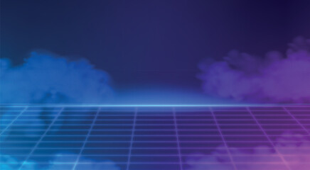 Sticker - Synthwave background. Dark Retro Futuristic backdrop with blue perspective grid and sky full of stars. Horizon glow. Abstract Retrowave template. 80s Vaporwave smoke fog style. vector illustration