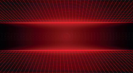 Abstract black red gaming background with modern luxury grid pattern retro vapor synthwave smoke fog, neon red light ray and triangle stripes line paper cut style
