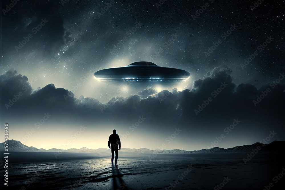 Flying saucer flies at night in sky oversilhouette of man standing in ...