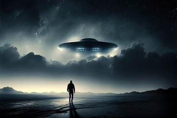 Wall Mural - flying saucer flies at night in sky oversilhouette of man standing in field. invasion of extraterres