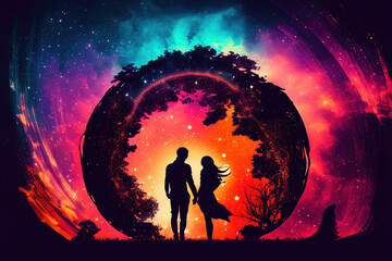 Wall Mural - man and woman standing together against abstract futuristic background. human souls couple in love. 