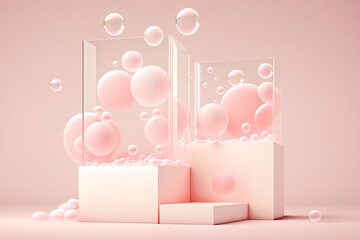 Podium for product presentation with floating pink balls in the pink background. Empty space for goods. Generative AI
