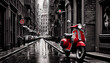 Retro Bild mit Colorkey-Effekt: Schwarz weiß Foto einer Altstadt mit roten retro Roller - Generative Ai