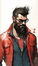 Bearded Man With Sunglasses, Red Jacket And Shirt, Generative Ai
