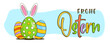 Happy Easter colorful lettering in German (Frohe Ostern). Easter greeting banner. Colorful Easter eggs with bunny ears. Cartoon. Vector illustration