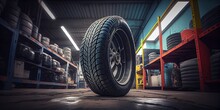 A Tyre At The Repair Shop, Service Garage Background, Car Fixing - Generative Ai
