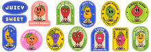 Retro Labels With Trendy Groovy Fruits. Modern Patches With Retro Cartoon Characters. Healthy Food, Comical Phrases. Nostalgia For Vintage Aesthetics And 80s-90s-2000s.