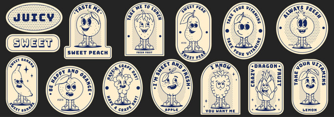 Retro labels with trendy groovy fruits. Modern patches with retro cartoon characters. Healthy food, comical phrases. Nostalgia for vintage aesthetics and 80s-90s-2000s. Monochrome palette.