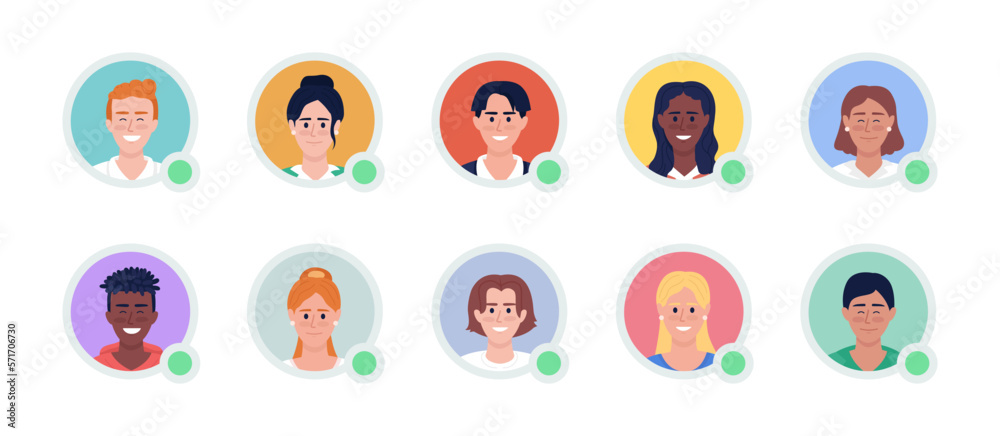 Smiling female and male flat vector avatar icons with green dots bundle ...