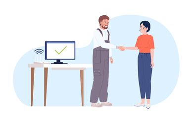 Fototapete - Troubleshooting internet connection at home 2D vector isolated illustration. Technician and happy client flat characters on cartoon background. Color editable scene for mobile, website, explainer