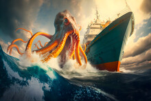 Huge Angry Grinning Scary Squid Rising Up Attacks A Modern Liner Ship In The Ocean Sea. Generative AI