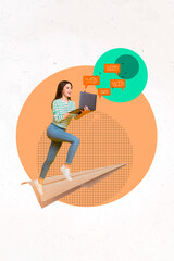 Poster - Creative abstract template graphics collage image of excited lady typing instagram twitter facebook isolated drawing background