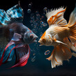 Duel battle of two multi-colored fighting aquarium fish cockerels close-up	