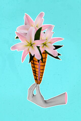 Poster - Creative retro 3d magazine collage image of arm holding flowers ice cream isolated painting background