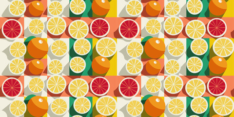 Poster - Lemon and grapefruit slices, including oranges. Tiles in the background. Volumetric image with slices, bright pattern. Print for pillows, notebooks, fabrics, wallpaper, interior.