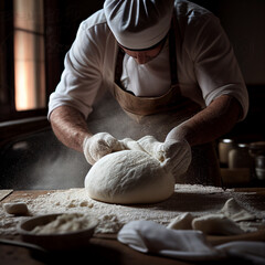 A man kneads the dough for baking, close-up, making bread, rolls the work of a baker