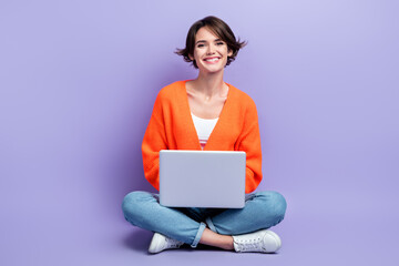 Aufkleber - Full length size photo of young cheerful designer worker lady sitting use personal laptop enjoy her frelance job isolated on violet color background