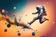 Zero gravity. Weightless wonder. Spaceman jumps at mars multicolor abstract background. Generative AI