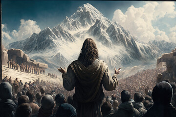 Wall Mural - Jesus Teaching on top of the rock in the mountains, Sermon of the Mountain, Christ Teaching. 	
