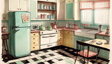 Charming Watercolor Painting Of A Typical American Vintage Style Kitchen Of The 1950s. Made With Generative AI.