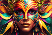 Brazilian Carnival Costume And Makeup With Rich Decorations And Colors. AI Generated Image