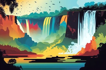 vibrant colorful illustration of iguazu falls in south america. generative ai illustration