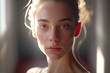 Beautiful young woman staring at camera, close up portrait. Generative AI painting