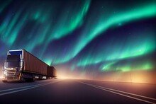 Freight Transport Truck On The Road With Beautiful Starry Sky And Aurora Borealis, Generative AI