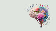 Human brain tree with flowers and music notes, self care and mental health concept, positive thinking, creative mind, generative AI
