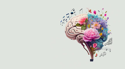 human brain tree with flowers and music notes, self care and mental health concept, positive thinkin