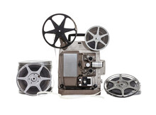 Vintage Film With Old Projector Isolated With Clipping Path.