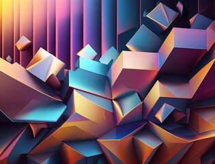 Wall Mural - Holographic abstract background featuring a Cubism-inspired design with geometric shapes and bold, vibrant colors. The interplay of light and shadow creates a dynamic and futuristic feel.