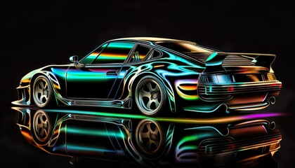 Poster - American luxury 1980s vintage classic expensive sports racing car vehicle neon synthwave vaporware retrowave black background created with generative AI technology