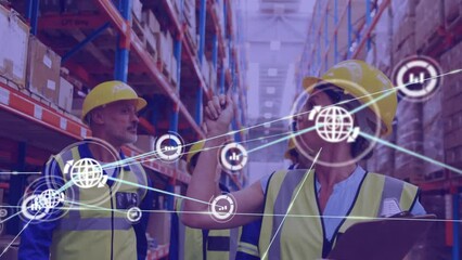 Poster - Animation of network of connections over diverse people working in warehouse