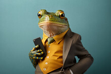Studio Photo Portrait Of A Happy Frog In Business Clothes Holding A Phone, Concept Of Business Attire And Positive Expression, Created With Generative AI Technology
