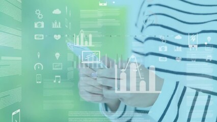 Poster - Animation of data processing with icons over caucasian woman using smartphone on green background